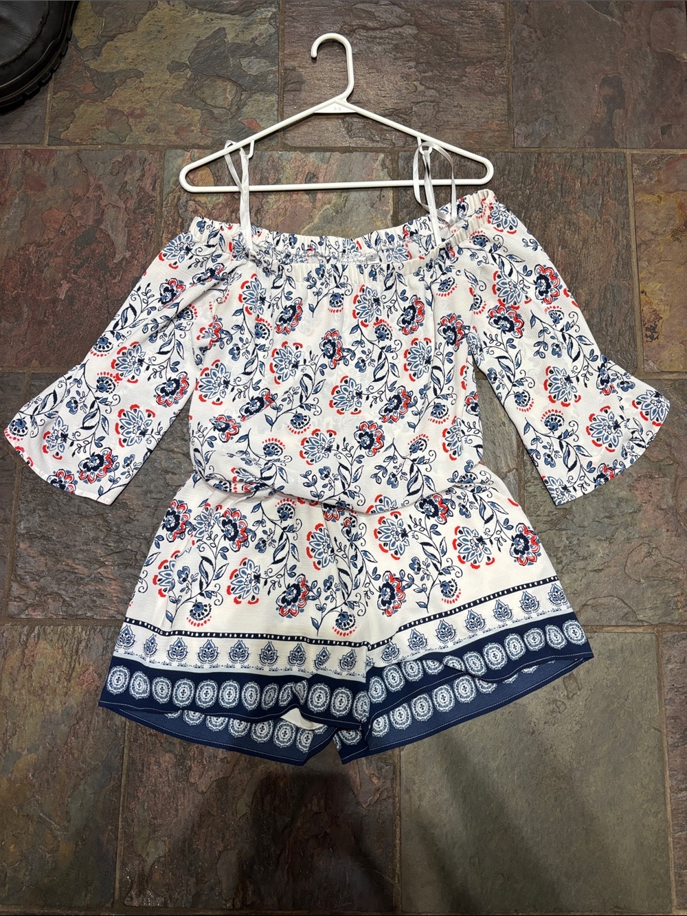 Off-Shoulder Floral Romper in White with Navy & Red Print